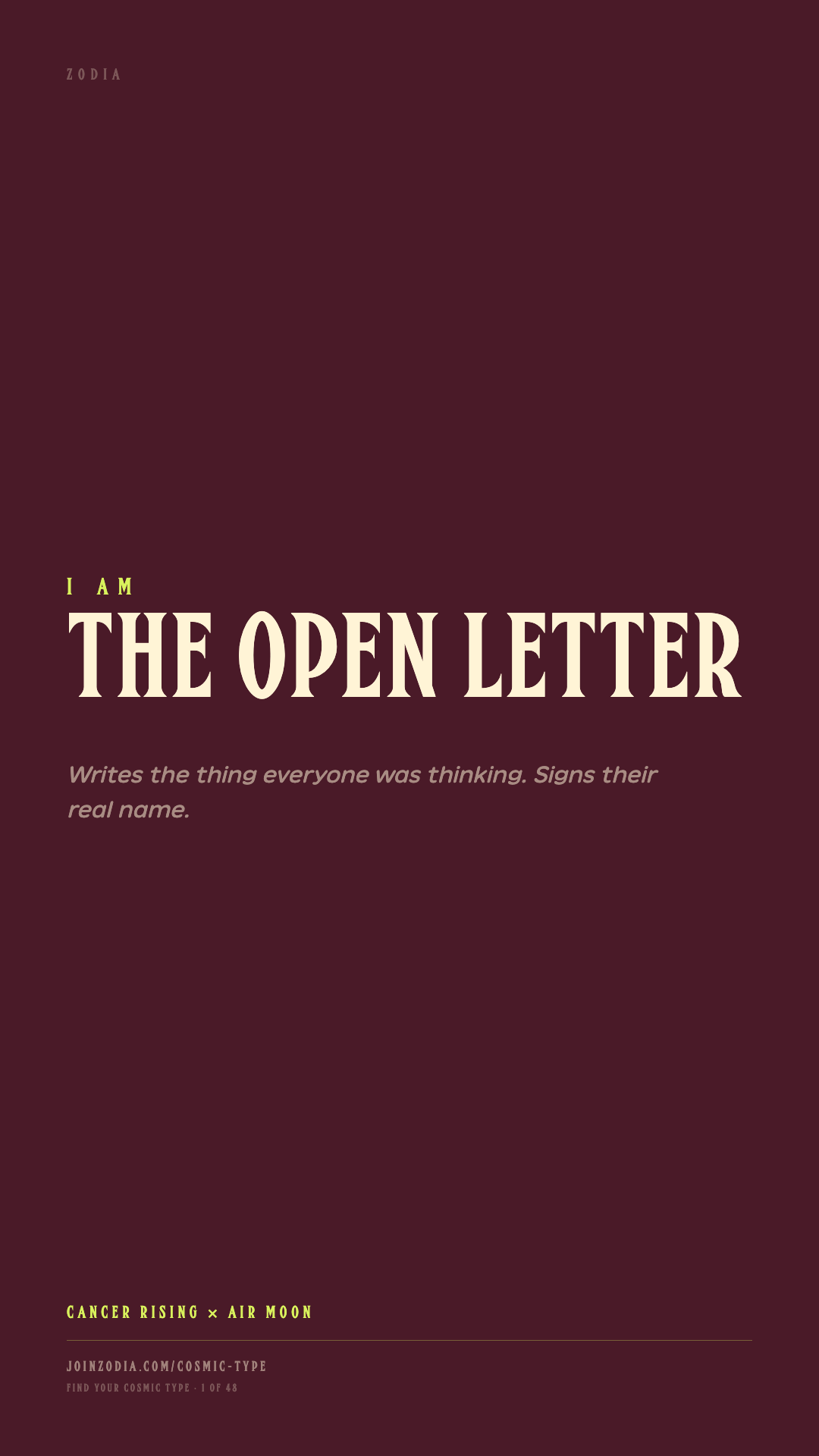 The Open Letter cosmic type share card