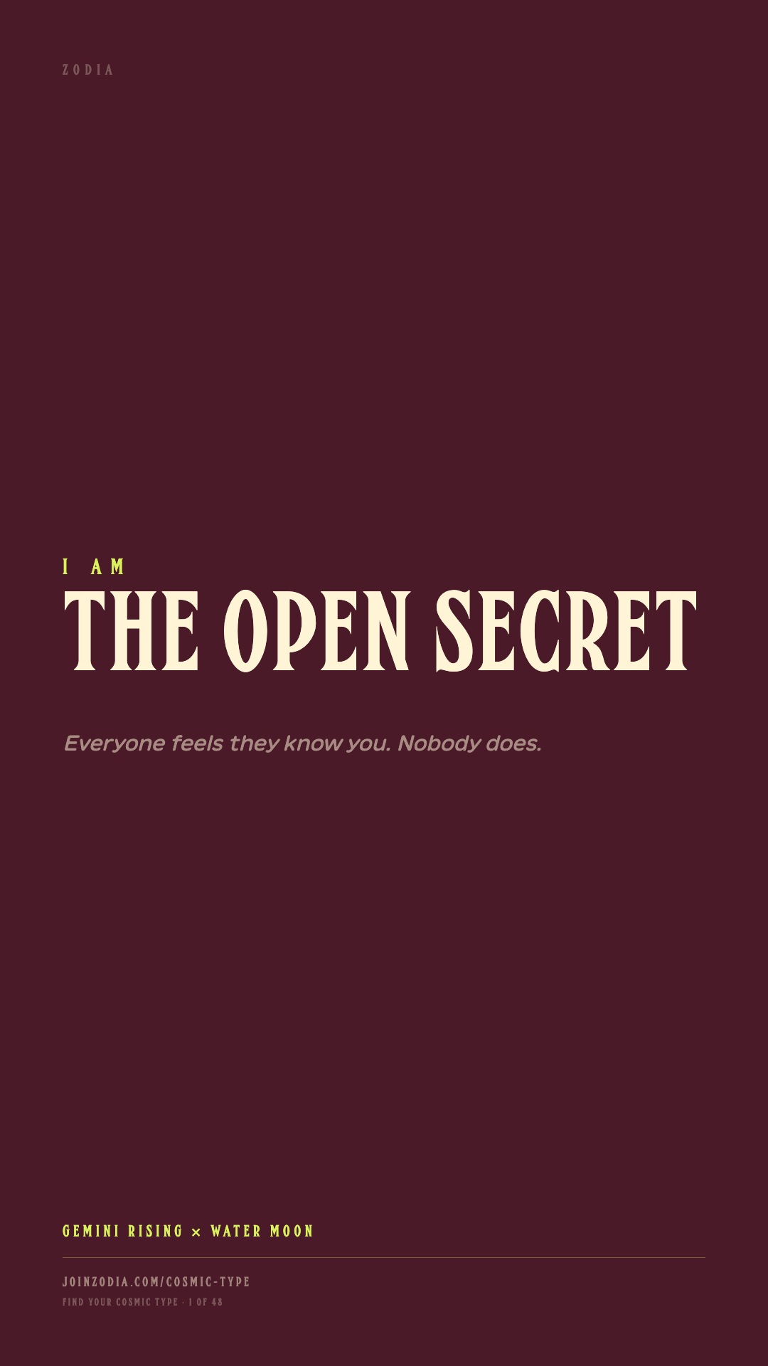 The Open Secret cosmic type share card