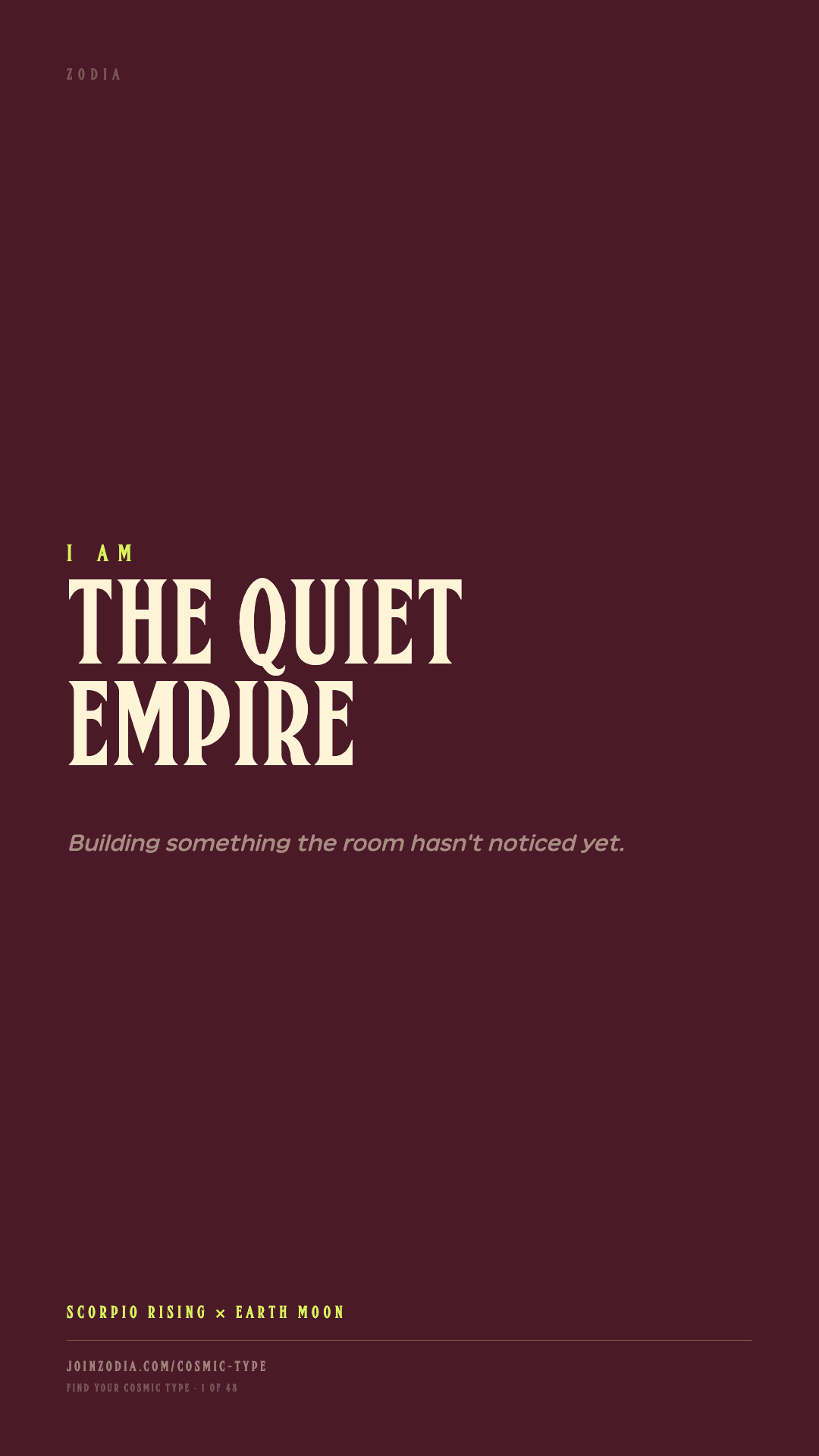 The Quiet Empire cosmic type share card