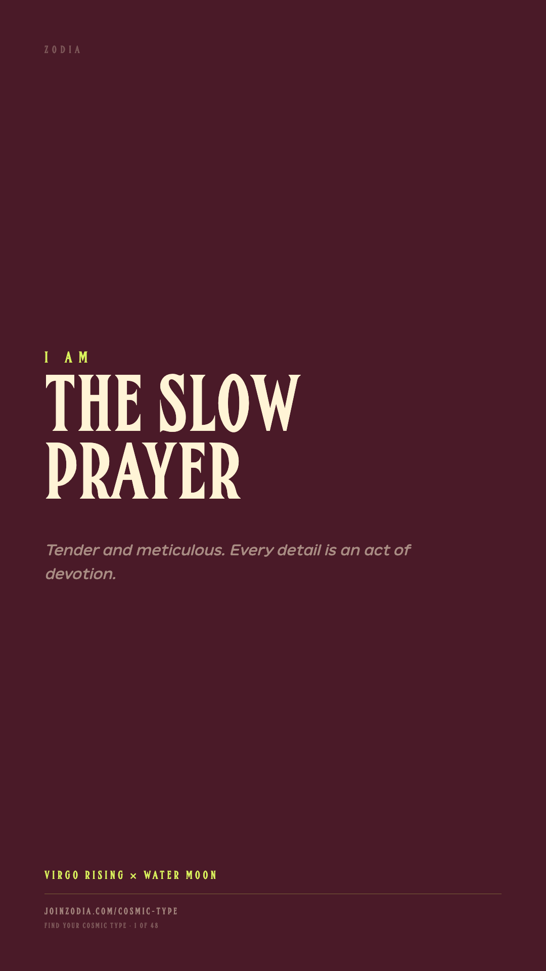 The Slow Prayer cosmic type share card