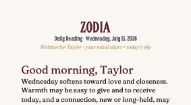 Preview of a ZODIA daily reading PDF: Good morning, Taylor